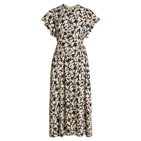 ULLA JOHNSON Anais ruffled printed crepe midi‎ dress in Beige Black 4 - Picture 2 of 16